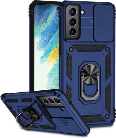 Coverup Hoesje - Geschikt voor Samsung Galaxy S21 FE Hoesje - Coverup Armor Ring Kickstand Back Cover met Camera Shield - Blauw