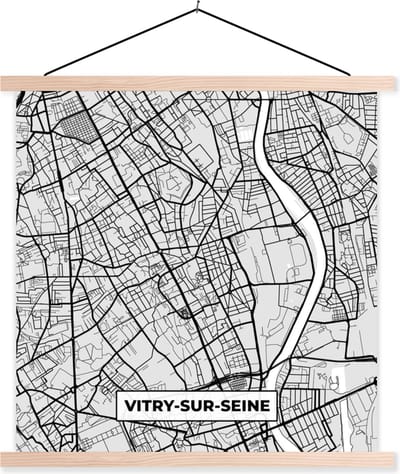 Posterhanger incl. Poster 40x40 cm - Schoolplaat - Plattegrond - Kaart - Stadskaart - Frankrijk - Vitry-sur-Seine - Textielposter - Blanke latten - Stadskaart