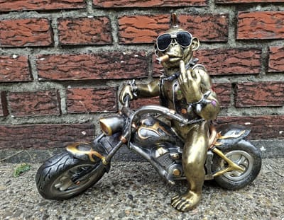 Stoere Motor Aap Beeld – Biker Aap Middelvinger op Chopper – Polystone Bronslook – L35 x B16 x H28 cm – Grappig Cadeau, Mancave & Woondecoratie