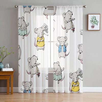 Muis Cartoon Scooter Tule Gordijnen voor Woonkamer Slaapkamer Transparant Gordijn voor Balkon Hal Mode Bedrukt Huis Gordijnen 135W x 114H(cm) white