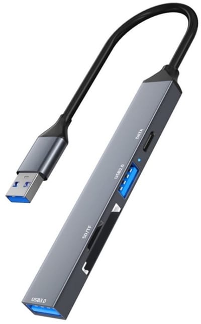 5 IN 1 USB 3.0 naar 2X USB 3.0 + USB-C + SD + Micro-SD (tf) - kaartlezer adapter hub kabel - voor o.a. laptop en Macbook - grijs