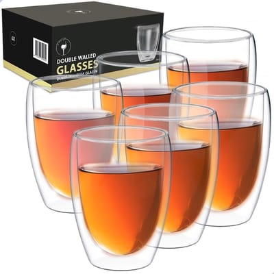 Dailygoods- Theeglazen Dubbelwandig - 350 ml - 6 stuks - Borosilicaatglas - Hittebestendig - Lichtgewicht - Handgeblazen - Glazen