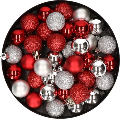 Kleine kunststof kerstversiering 40x stuks set en 3 cm kerstballen in het zilver en rood - Voor kleine kerstbomen