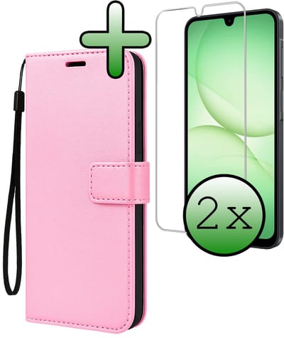 Hoesje Met 2x Screenprotector - Geschikt voor Samsung Galaxy A17 - Luxe Pasjeshouder - Bookcase Portemonee - Flip Case - Kunstleer Book Case - Flipcase Hoes - Book Cover - Walletcase - Portemonneehoes - Lichtroze