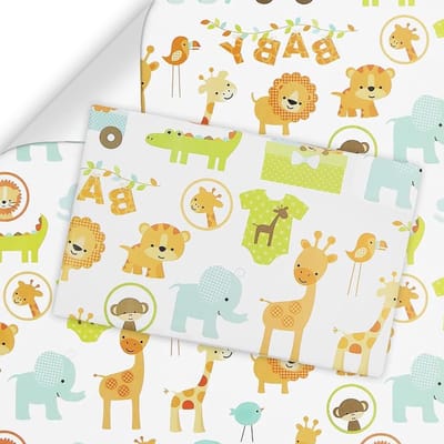 Allecta - Cadeaupapier bosdieren babyshower jongens meisjes - Leeuw Giraf Olifant Aap - Verjaardag Pasgeborenen Kinderen - 4 vellen 50 x 76 cm