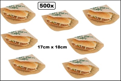 500x Hamburger zakje papier kraft 17x18cm - hamburger zak hip broodje festival themaparty festival carnaval