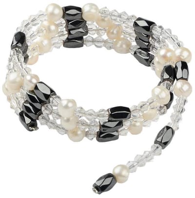 Zoetwater parel armband Pearl Clear Crystal Magnetite Wrap - echte parels - magnetiet - wit - zwart - wikkelarmband - luxe sieraden zakje - parel armband dames - zoetwaterparel