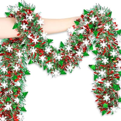 Vijfdelige set kleurrijke kerstversiering, 2 meter glanzende tinsel slinger, 9 cm breed, ideaal voor kerstboom, trappen, feestdecoratie en kantoorinrichting
