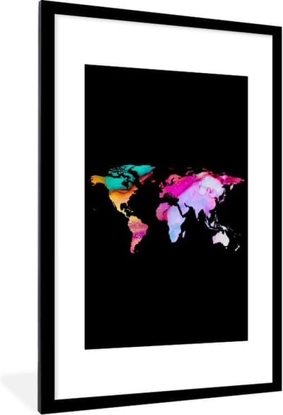 Poster in lijst - Fotolijst 60x90 cm - Posters - Wereldkaart - Regenboog - Verf - Posterlijst zwart - Decoratie - Wanddecoratie woonkamer - Muurdecoratie slaapkamer