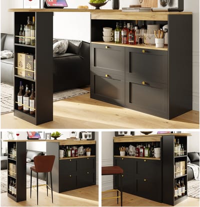 Draaibare Bartafel 105 x 39 x 102 cm - Met 4 Lades en Open Opbergruimte - Multifunctioneel