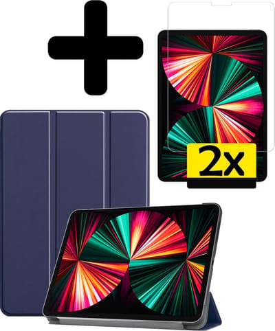 Hoes - Geschikt voor Apple iPad Pro (2021) - 12.9 inch - Met Screenprotector - Trifold Bookcase - Hard Cover - Hardcover Book Case - Tablet Hoesje - Donkerblauw