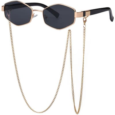 Trendy Retro Zeshoekig Met Ketting Zonnebril Dames Merk Ontwerper Unieke Polygonaal Zonnebril Voor Vrouwelijke Kleine Montuur Bril