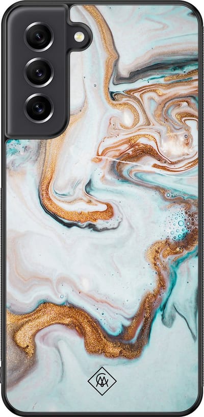 Casimoda® hoesje - Geschikt voor Samsung Galaxy S21 FE - Marmer Blauw Goud - Zwart TPU Backcover - Marmer - Blauw