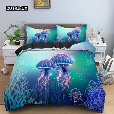 Kwallen Dekbedovertrek Set Queen Size Oceaan Dierenprint Beddengoed Set Microvezel De Onderwaterwereld Dekbedovertrek Voor Jongens Meisjes EU single(135x200cm)