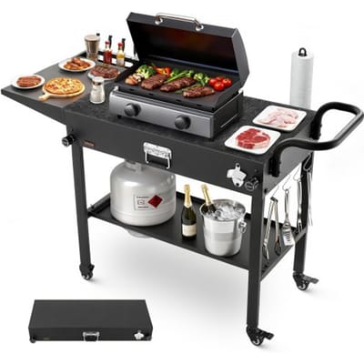 VEVOR Outdoor Grillwagen 787x432 mm (tafelbladformaat), opklapbare grilltafel met servethouder, haken, wielen en bijzettafel, voorbereidingstafel voor de grill, serveerwagen voor picknick, keuken en tuin