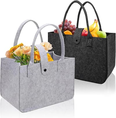 Vilten tassen set - 2 opvouwbare shoppers voor boodschappen en opslag, zwart en lichtgrijs, 20 x 17 x 30 cm