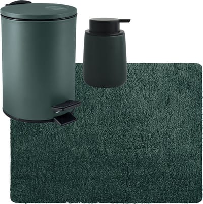 MSV badkamer droogloop tapijt langharig 50x70 cm - pedaalemmer 3L - zeeppompje 300 ml - donkergroen