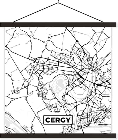 Posterhanger incl. Poster 60x60 cm - Schoolplaat - Kaart - Cergy - Plattegrond - Frankrijk - Stadskaart - Zwart wit - Textielposter - Zwarte latten - Stadskaart