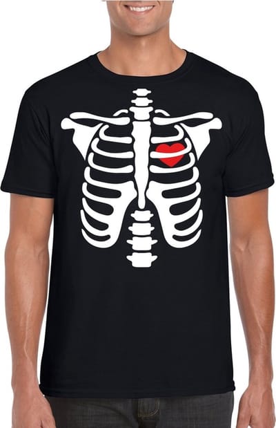 Halloween skelet verkleedkleding t-shirt - zwart - heren - korte mouwen - katoen - Halloween kostuum S