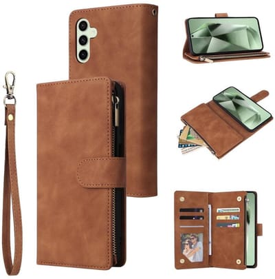 Telestore - Telefoonhoesje geschikt voor Samsung Galaxy S25 FE - Portemonnee met rits - book-case hoesje - ruimte voor 6 pasjes - bruin