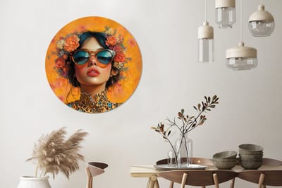 WallCircle - Wandcirkel - Muurcirkel - Vrouw - Bloemen - Aesthetic - Oranje - Aluminium - Dibond - 90x90 cm - Binnen en Buiten