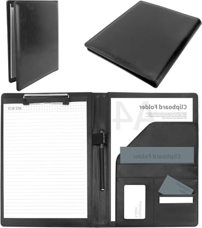 Set van 2 Leren Clipboard Mappen A4 met Notitieblok en Visitekaartjeshouders voor Vergaderingen en Interviews, Zwart Leren Documentenmap