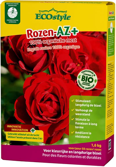 ECOstyle Rozen-AZ 100% Organische Rozen Mest - Plantenvoeding - 120 dagen Voeding - Geeft Gezonde Rozen - Intense Kleuren - Voor 50 Rozen - 1,6 KG