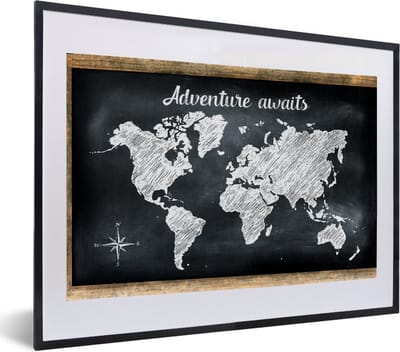 Poster in lijst - Fotolijst 60x40 cm - Posters - Wereldkaart - Krijtbord - Wit - Posterlijst zwart - Decoratie - Wanddecoratie woonkamer - Muurdecoratie slaapkamer
