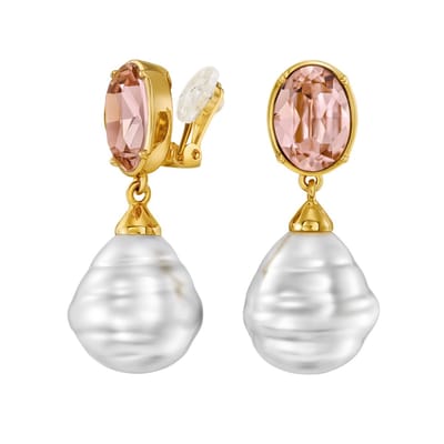 Traveller Clip Oorbellen - Oorclips Dames - Hangers - Goudkleurig - Barok Parels -20x17 mm- Wit - Kristallen - Roze - Verguld -42x17 mm- 114286