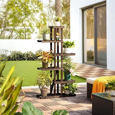 Famanu - Bloemenrek met 6 etages, van massief hout, plantenrek, bloemenbank voor balkon/terras/tuin, ruimtebesparend, multifunctioneel