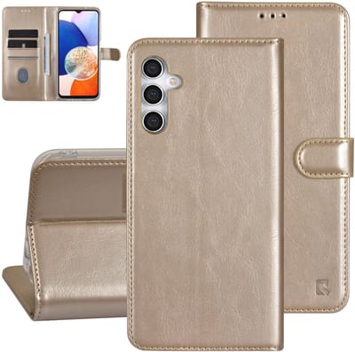 UNIQ Accessory Galaxy A14 5G Book Case hoesje - Pasjeshouder voor 3 pasjes - Magneetsluiting - Hanger - Goud