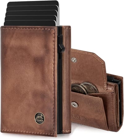 Leer cardholder met pop-up systeem en RFID bescherming, aluminium muntcompartiment, ruimte voor 11 kaarten