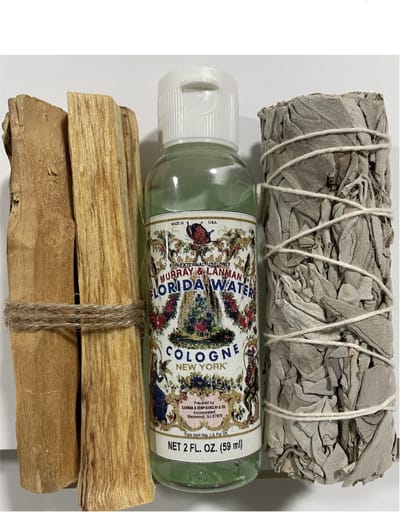 Smudge Kit - Reinig je huis pakket - Witte salie (1x bundel), Palo Santo (50gr) met Florida water(59ml).