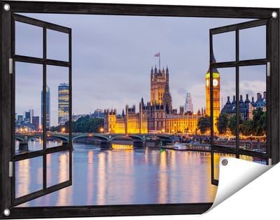 Gards Tuinposter Doorkijk London Big Ben en Westminster Brug - 90x60 cm - Tuindoek - Tuindecoratie - Wanddecoratie buiten - Tuinschilderij