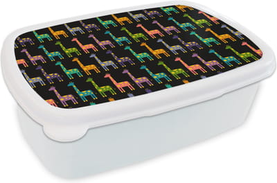 Broodtrommel Wit - Lunchbox - Brooddoos - Regenboog - Giraffe - Meisje - Patronen - Kinderen - 18x12x6 cm - Volwassenen