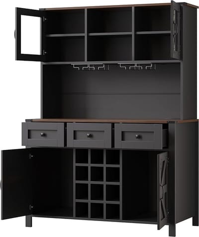 Hoge keukenkast met LED verlichting 120x40x170 cm – Moderne zwarte buffetkast met wijnrek, stopcontact & USB, verstelbare planken en soft-close deuren – multifunctionele opbergkast woonkamer keuken – Laura