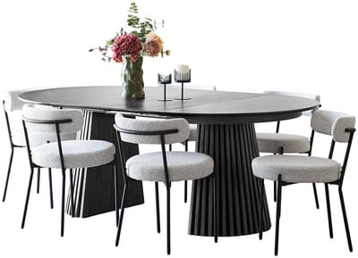 Tokyo eethoek eettafel incl. 2 verlengbladen Ø120x120-160-200cm zwart en 6 stoelen bouclé wit.