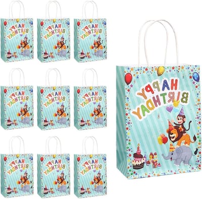 10 Stuks 15x21x8 cm Verjaardagstassen met Jungle Dieren Thema - Kraft Papier Goodie Bags voor Kinderen, Feest, Cadeaus en Snoepjes