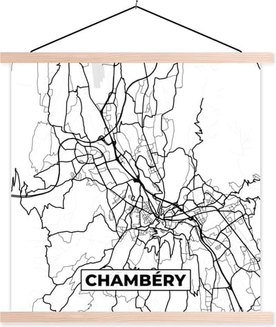 Posterhanger incl. Poster 40x40 cm - Schoolplaat - Plattegrond - Chambéry - Kaart - Frankrijk - Stadskaart - Zwart wit - Textielposter - Blanke latten - Stadskaart