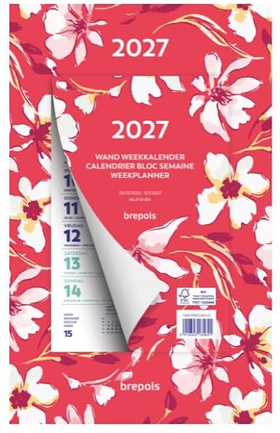 Brepols Wand-week kalender 2027 - Fantasy - Week begint op maandag - 19 x 31 cm - Rood - Bloem