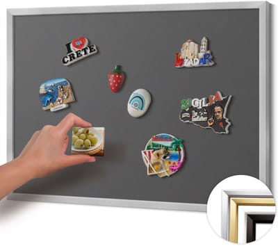 Wallfluent - Grijs Magneetbord in Effen Kleuren - 70 cm x 50 cm - Magneetbord met Zilveren Frame - Kleur donkergrijs - Magneetbord voor Reissouvenirs - Design Magneetbord met Frame - Magnetisch Bord Foto Bevestiging