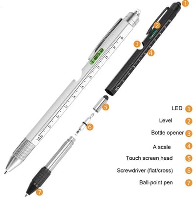 Actie4you® - Multitool Pen - Liniaal - Waterpas - Schroevendraaier - Zaklamp - Flesopener - Stylus – 1 Stuk - 8 in 1 - Zilver