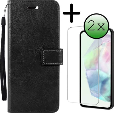 Hoesje Met 2x Screenprotector - Geschikt voor Samsung Galaxy A35 - Luxe Pasjeshouder - Bookcase Portemonee - Flip Case - Kunstleer Book Case - Flipcase Hoes - Book Cover - Walletcase - Portemonneehoes - Zwart
