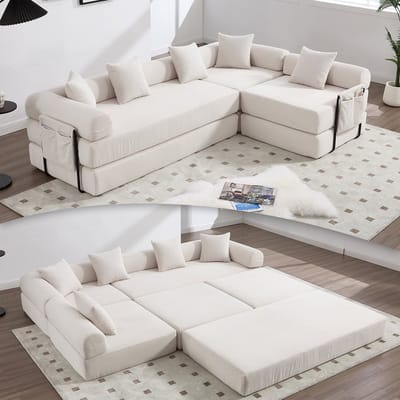 L-Bank 4-Zits Hoekbank, Gezellige Familiebank met Opbergruimte en Modulaire Functie - Vacuüm Verpakt voor Moeiteloze Montage, Vrij Combineerbare Modules-Beige
