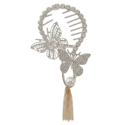 Zilverkleurige vlinder haar kam – dames decoratieve haar accessoire – strass haar kam met twee vlinders en parel hanger