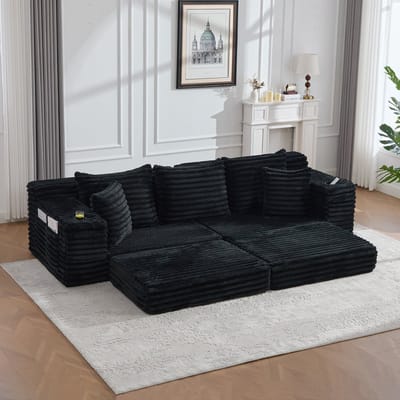 DESMIU Slaapbank 273 x 98 x 87 Cm - Vrij Combineerbaar Met Hoge Rugleuning, Kussens, Zijvakken En Bekerhouders - Voor Woonkamer Of Logeerkamer - Cordstof Zwart
