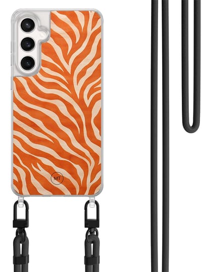 Hoesje met koord geschikt voor Samsung Galaxy S24 FE - Zebra oranje - Inclusief Zwart koord - Crossbody beschermhoes - Transparant, Oranje - Mooie Telefoonhoesjes
