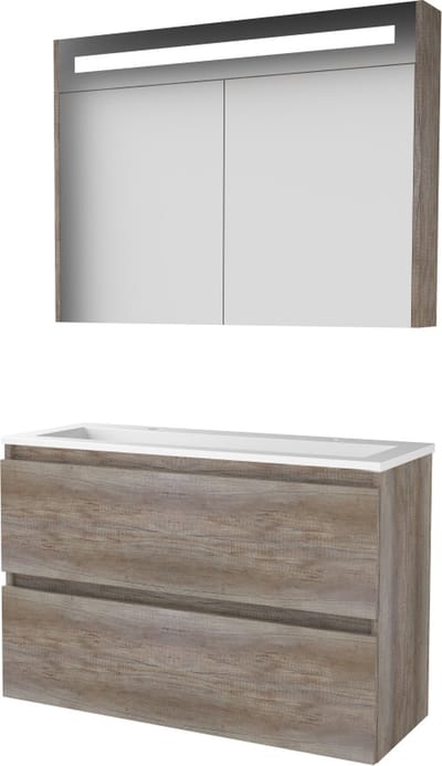 Basic Premium 39 badmeubelset met spiegelkast met geïntegreerde LED verlichting, greeploze wastafelonderkast met 2 lades en acryl wastafel met 2