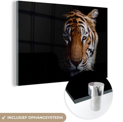 MuchoWow® Glasschilderij 60x40 cm - Schilderij acrylglas - Dieren - Tijger - Kop - Foto op glas - Schilderijen