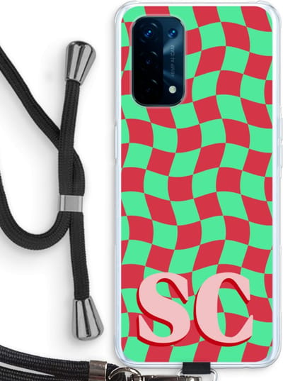 Gepersonaliseerd - Case Company® - Hoesje met koord geschikt voor Oppo A74 5G hoesje met Koord - Grid Monogram - Telefoonhoesje met Zwart Koord - Bescherming aan alle Kanten en Over de Schermrand